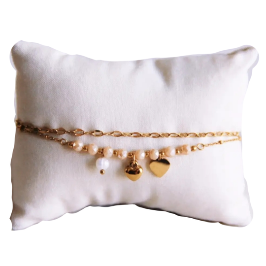 Dubbele armband, hartje en parel handgemaakte armband van Joy & Clay