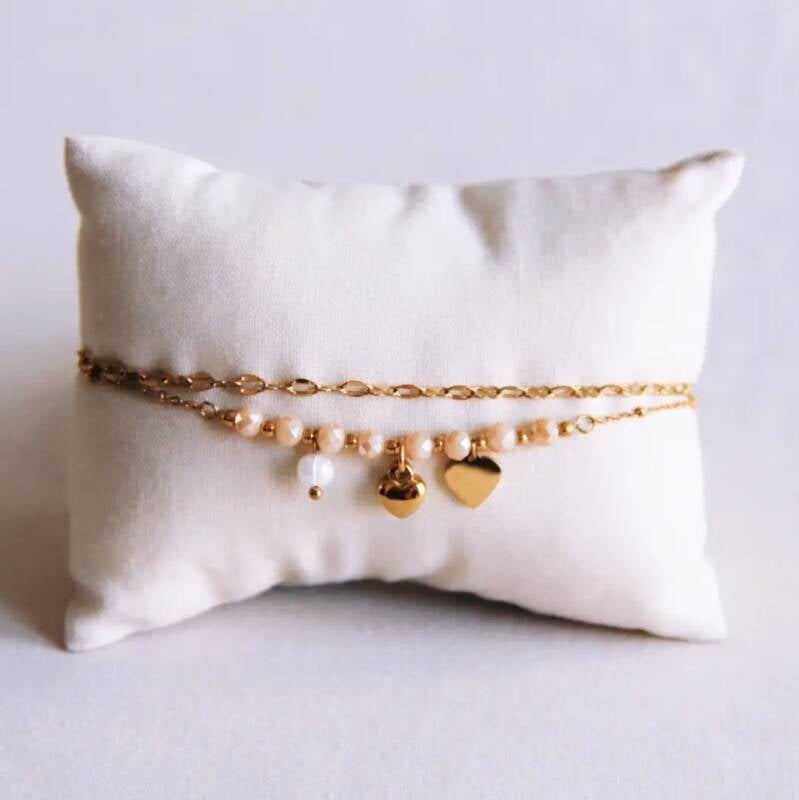 Dubbele armband, hartje en parel handgemaakt sieraad van Joy & Clay